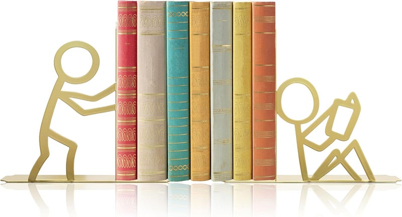 Natrlart Metal Unique Office Desk Bookends Decorative Cute Book Ends Reading Decor Bookshelf Decor for Office School Library Bedroom, Book Lovers Gift（Gold） - Image 1